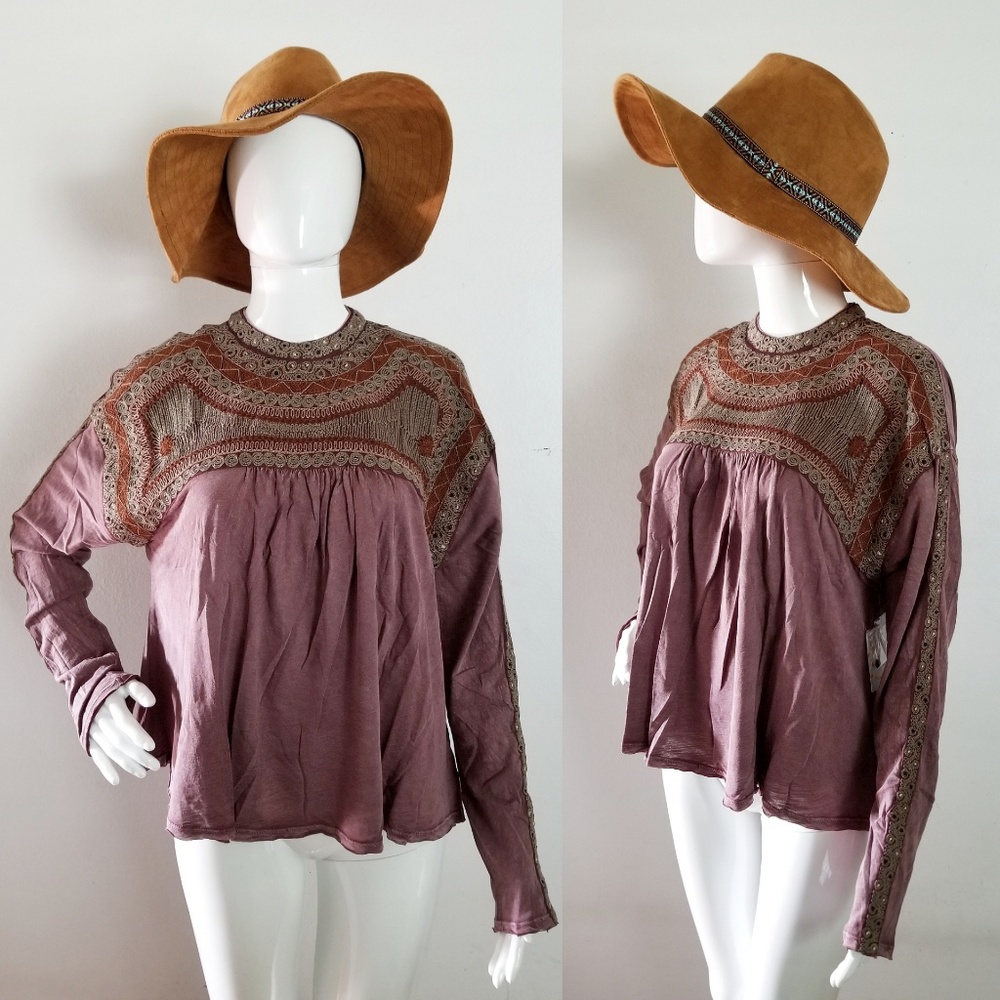 NWT M Free People Embroidered Boho Top